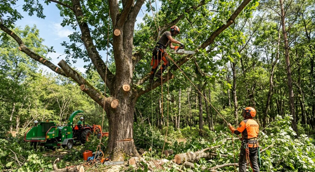 Élagueur encordé taillant un arbre à la tronçonneuse, broyeur de branches au sol