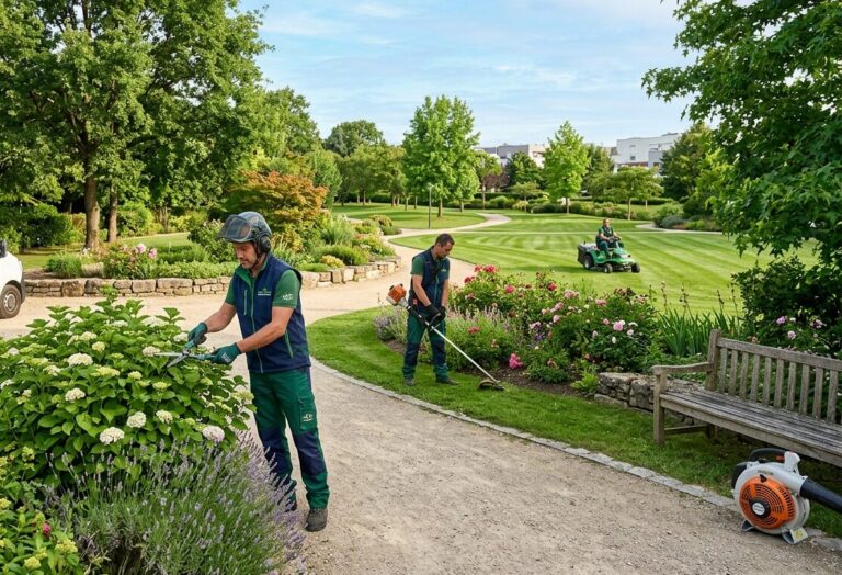 Jardiniers taillant une haie, débroussaillant et tondant dans un parc