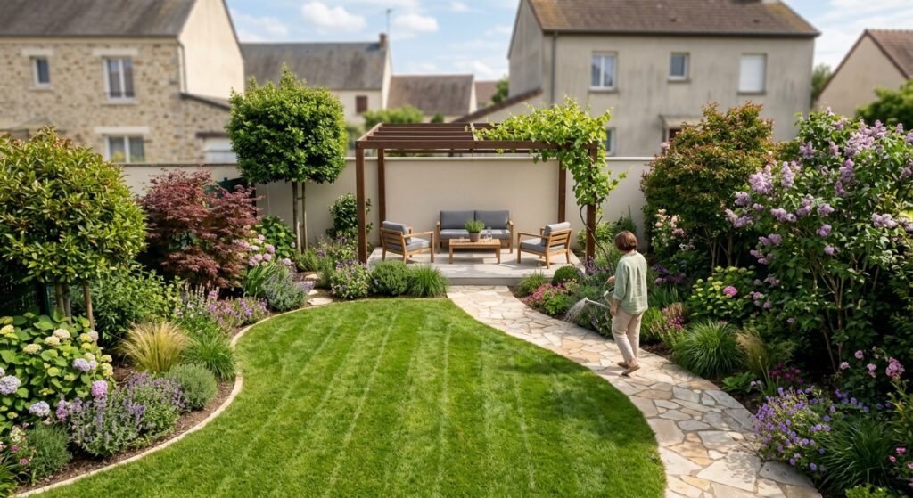 Jardin aménagé avec pelouse tondue, massifs fleuris, allée en pierre et pergola en bois